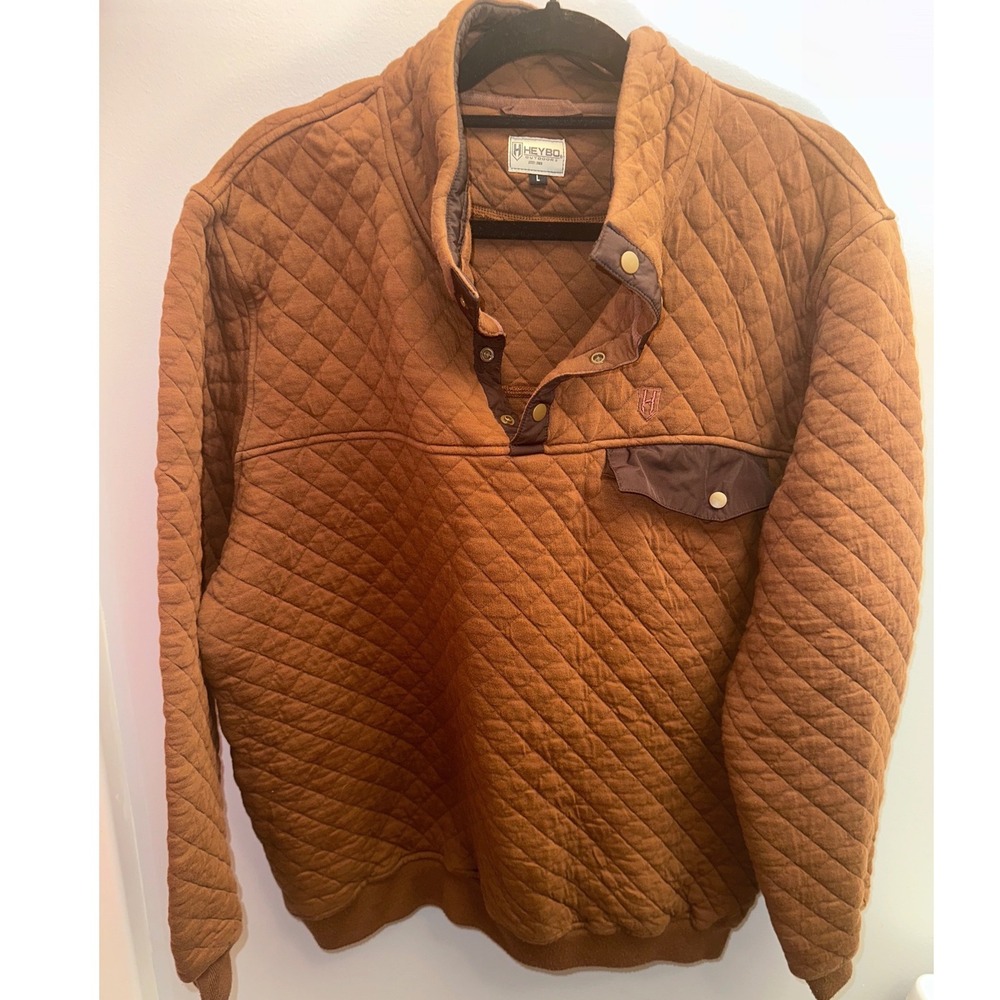 Heybo Outdoors Mens Quilted Snap Pullover Sweater Brown Large Diamond Quilt